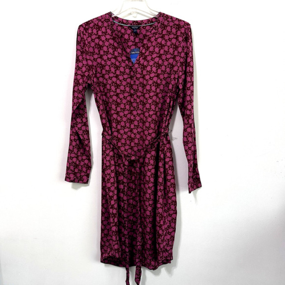 Nautica Sustainably Crafted Floral Belted Shirt Dress S Long Sleeve Floral NEW